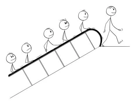 People on Escalator, Vector Cartoon Stick Figure Illustration Stock Illustration