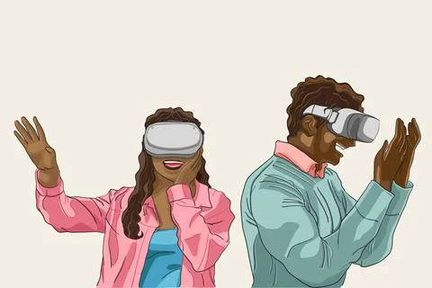 People exciting how to use virtual reality (VR) device, couple of black peopl Illustrazione stock