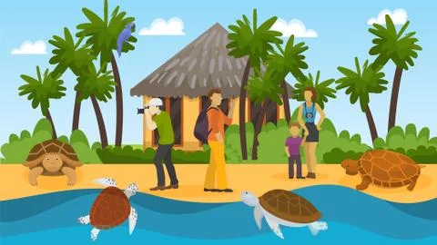 People on excursion watching wild turtles on ocean sea shore vector illustration Stock Illustration
