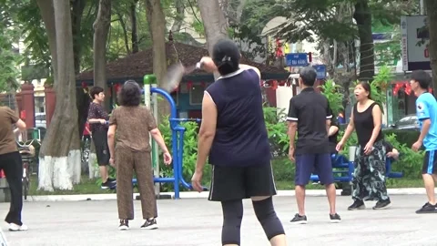 People exercise and play hacky sack in the park Stock Footage 333106994