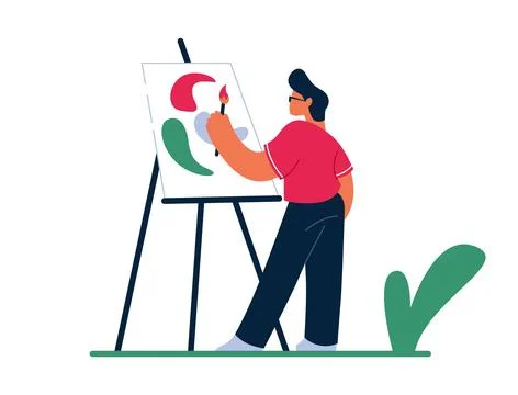 People exercise in park. Creative hobby. Man drawing plants in nature. Talented Ilustración de archivo