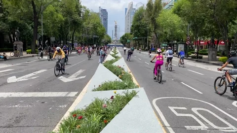 People exercise in Paseo de La Reforma avenue amid the COVID-19, Mexico City 4K Stock Footage 159382710