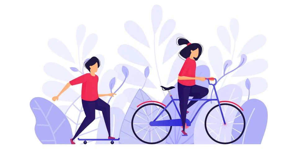 People Exercise, Relax and Enjoy the Afternoon in the Park On a Bicycle And S Stock Illustration