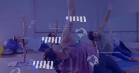 People exercising in gym with global data analytics animation over them Stock Footage 306565506