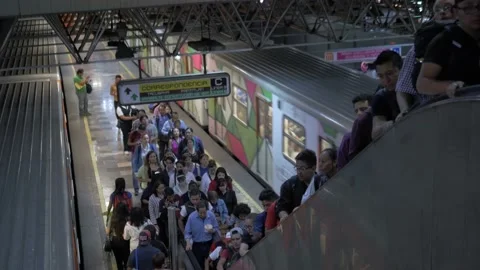 People Exiting Platform Inside Metro Station, Mexico City Stock Footage 154542147