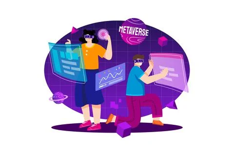 People experiencing metaverse ecosystem Stock Illustration