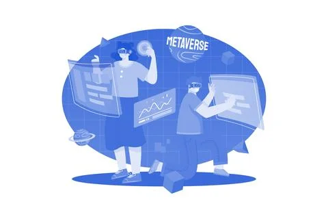 People experiencing metaverse ecosystem Stock Illustration