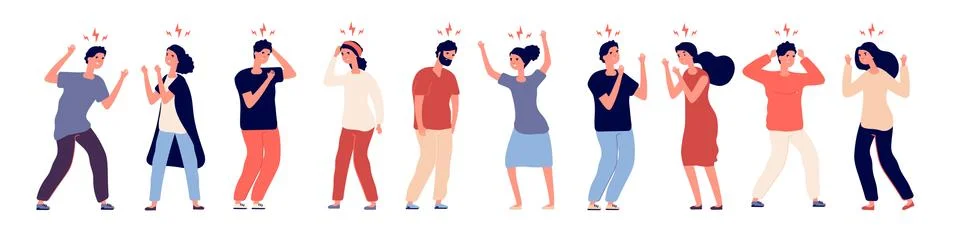 People expressing anger. Grumpy, irate or furious angry characters with Stock Illustration