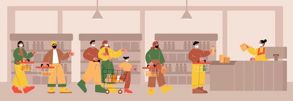 People in face masks standing in queue in shop イラスト素材