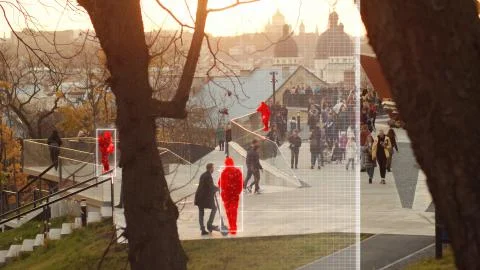 People face recognition software system outside on the street. Online Stock Photos