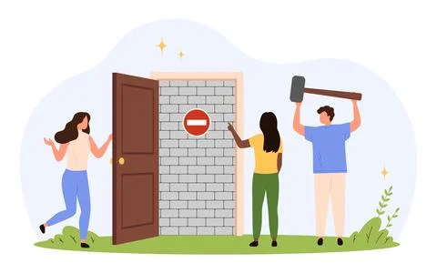 People Facing Brick Wall Obstacle Concept Stock Illustration