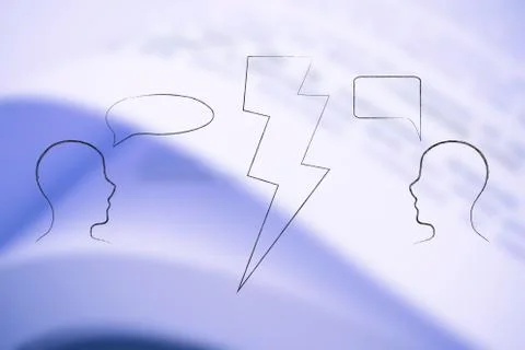 People facing each other with comic bubble and lightning bolt expressing diff Illustrazione stock