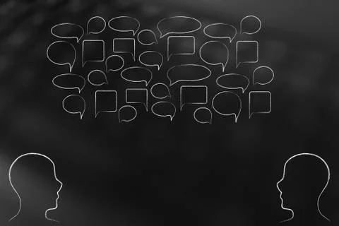 People facing each other with group of empty speech bubbles above them 스톡 일러스트