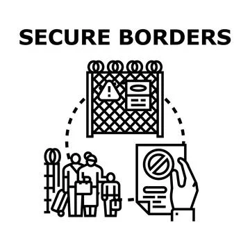 People facing secure borders with denied entry document Stock Illustration