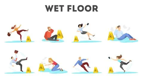 People falling on the wet floor set. Caution sign Stock Illustration