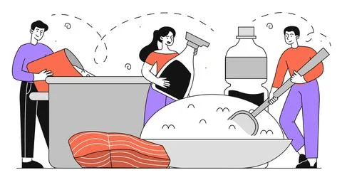 People with fig products vector linear Illustrazione stock