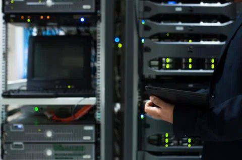 People fix server network in data room Foto stock