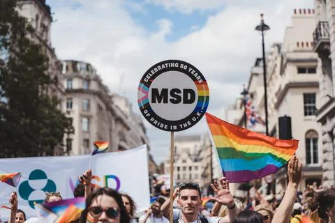 People with flags and banners celebrating London LGBTQ Pride Parade Foto stock