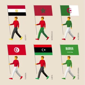 People with flags: Egypt, Libya, Saudi Arabia, Tunisia, Morocco, Algeria Stock Illustration