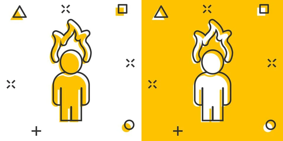 People with flame head icon in comic style. Stress expression cartoon vector  Stock Illustration