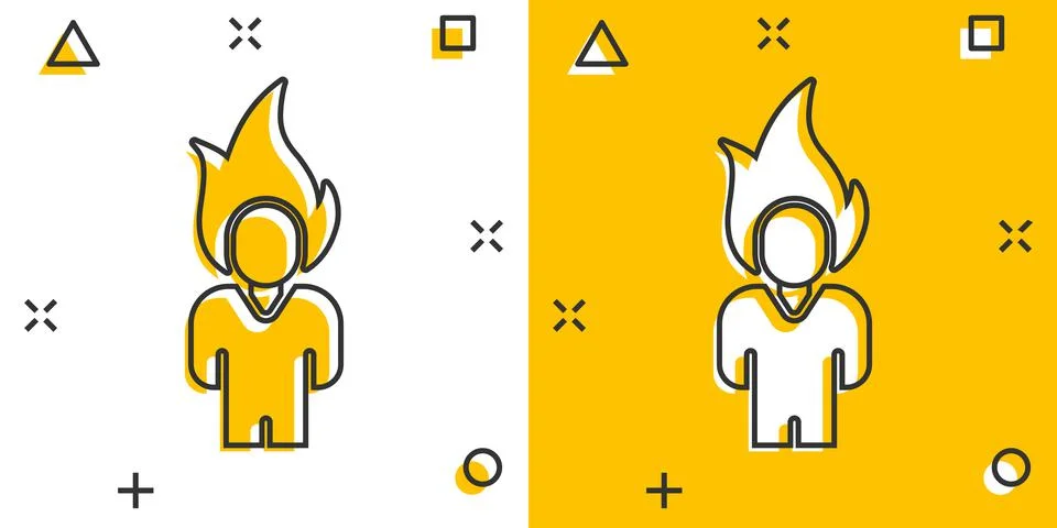 People with flame head icon in comic style. Stress expression cartoon vector  Stock Illustration