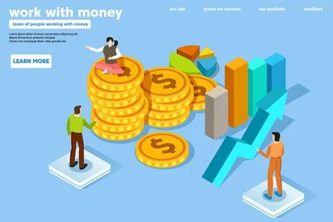 People in flat isometric style working with money and charts Stock Illustration