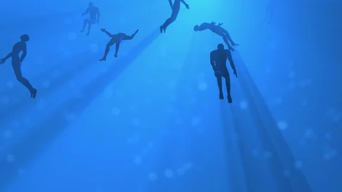 People floating in blue environment.3d animation.Moving camera 库存影片 95813041