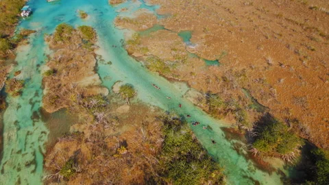 People floating through narrow turquoise canal of Bacalar lagoon in Mexico Stock-Footage 343235030