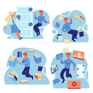 People flying in environment of information sources and messages set isolated on Stock Illustration