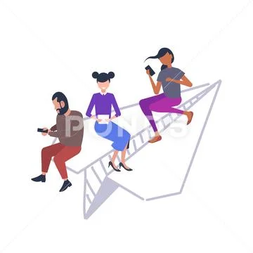 People flying on paper airplane mix race colleagues team using gadgets traveling Stock Illustration
