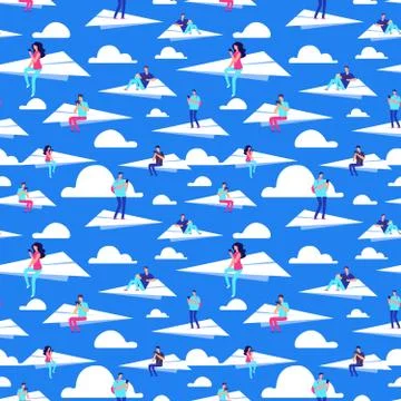 People flying on paper planes vector seamless pattern Stock Illustration