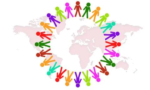 People form a circle with world map as background Illustrazione stock