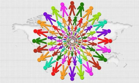 People form a circle with world map as background Illustrazione stock