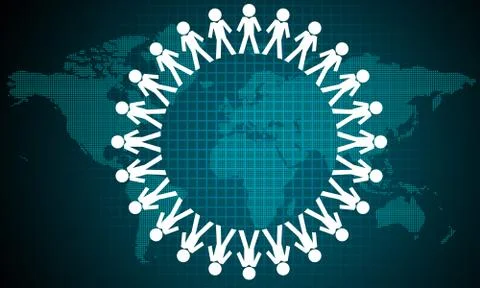 People form a circle with world map as background Illustrazione stock