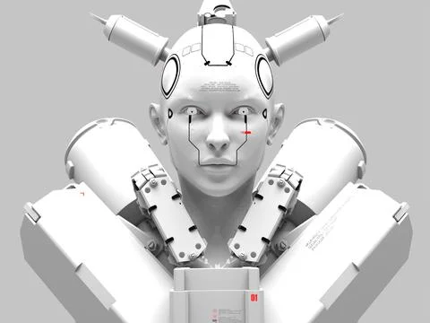People of the future and robots. close-up portrait of a man. abstraction on t Stock Illustration