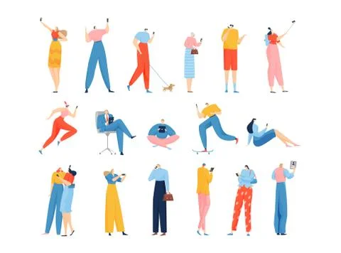 People with gadgets set of isolated vector illustrations. Men and women with Ilustração Stock