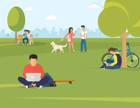 People with gadgets using outdoors Stock Illustration