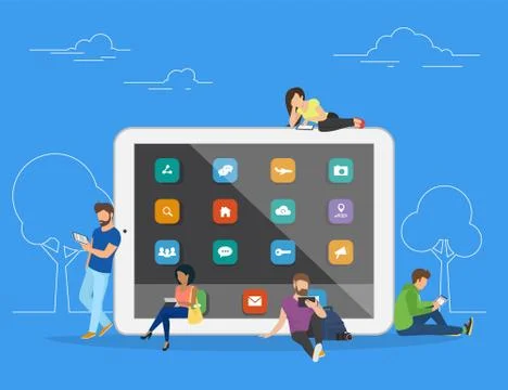 People with gadgets using tablets outdoors Stock-Illustration