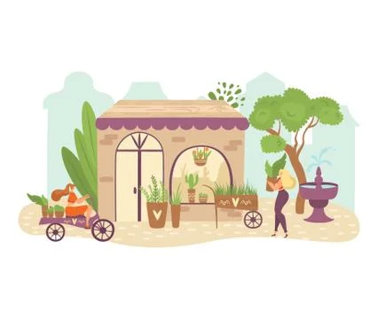 People in garden, greenery flat vector illustration with women gardeners bring Stock Illustration