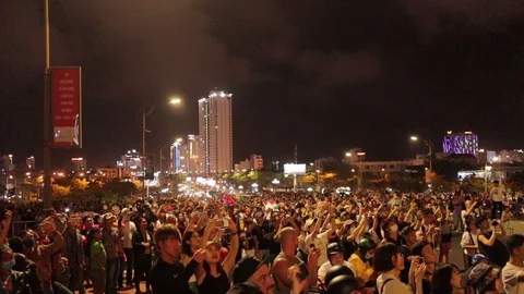 People gathered on the bridge to watch the performance Stock Footage 128278425