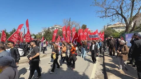 People gathering during a rally to protest against the arrest of Istanbul Mayor  Stock Footage 305677404