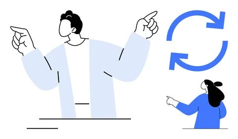 People Gesturing and Circular Arrows Indicating Repetition or Workflow 库存插图