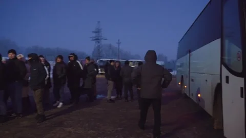 People get off the bus, the bus drops people off Stock Footage 327621304