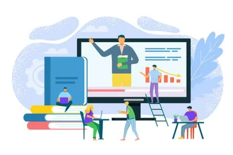 People get education at computer, study concept vector illustration. Learning at Stock Illustration