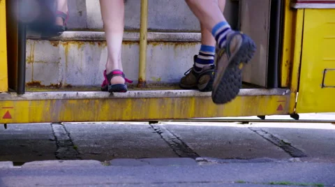 People get on the tram Stock Footage 57187986