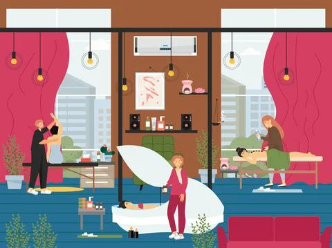 People getting back massage, vector illustration. Hot stone therapy, body Illustration