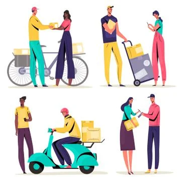 People getting parcel box from deliveryman set Stock Illustration