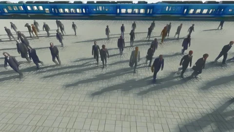 People getting off the train and going to work, pastel sketch Vidéo 149178566