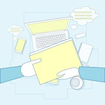 People Give Document Contract Workplace Desk Laptop Computer Top Angle View Illustrazione stock