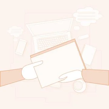 People Give Document Contract Workplace Desk Laptop Computer Top Angle View Illustrazione stock